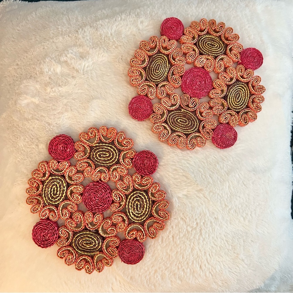 Vintage Woven Hot Pads Trivets pink orange yellow brown wicker raffia